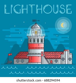 Thin line building of lighthouse glowing at night at the ocean concept.  Flat outline vector illustration design.