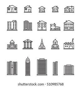 Thin line buildings icon set. Pixel perfect vector.