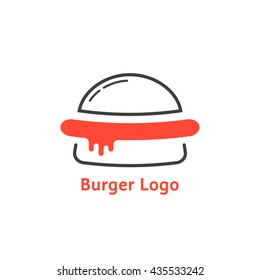 thin line burger logo with red sauce. concept of cuisine badge, unhealthy junk food, slice, sausage, serving. flat style trend modern brand graphic design vector illustration on white background