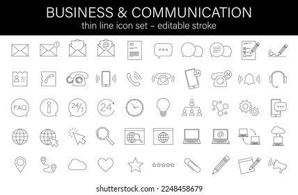 thin line business and communication icon set, editable stroke vector illustration