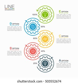 Thin line business infographic template with gears cogwheels 5 steps, processes, parts, options. Vector illustration.