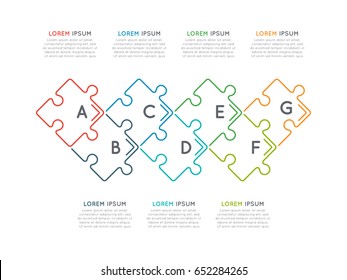 Thin line business infographic template with puzzle sections 7 steps, processes, parts, options. Editable stoke. Vector illustration.