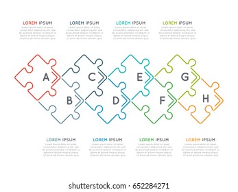 Thin line business infographic template with puzzle sections 8 steps, processes, parts, options. Editable stoke. Vector illustration.