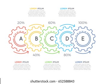 Thin line business infographic template with gears cogwheels 5 steps, processes, parts, options. Editable stoke. Vector illustration.