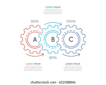 Thin line business infographic template with gears cogwheels 3 steps, processes, parts, options. Editable stoke. Vector illustration.