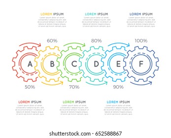 Thin line business infographic template with gears cogwheels 6 steps, processes, parts, options. Editable stoke. Vector illustration.