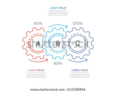 Thin line business infographic template with gears cogwheels 3 steps, processes, parts, options. Editable stoke. Vector illustration.