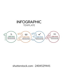 Thin line business infographic with text and icons. Four elements connected with text boxes and icons.