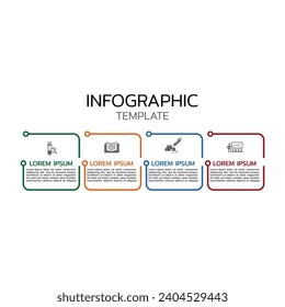 Infografía empresarial en línea delgada con texto e iconos. Cuatro elementos conectados con cuadros de texto e iconos.