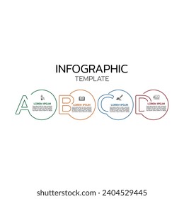 Thin line business infographic with text and icons. Four elements connected with text boxes and icons.