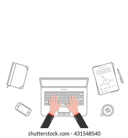 thin line business office workspace with hands. concept of working environment, workflow, mock up, daily routine, studio. flat style trend modern graphic design vector illustration on white background