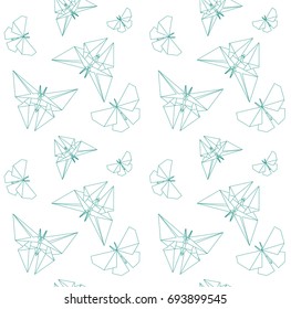 Thin Line Butterfly Paper Origami Style. Vector Seamless Pattern Paper Origami. Japanese Tradition Vector.