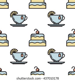 Thin line cake and tea cup seamless pattern. Vector illustration