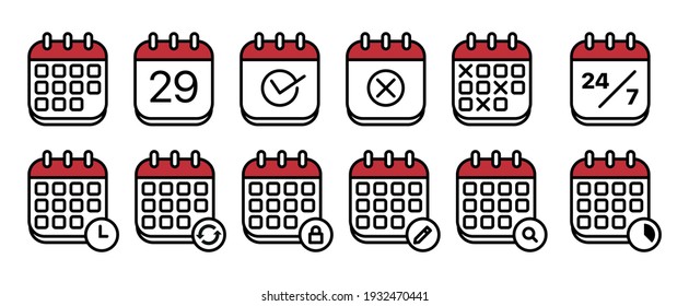 thin line calendar icon on white background, schedule planning set