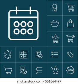 thin line calendar icon on blue background, shopping icons set