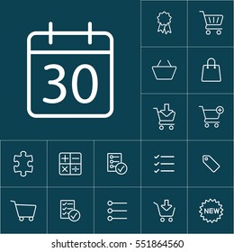 thin line calendar icon on blue background, shopping icons set