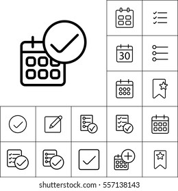 thin line calendar ok icon on white background, schedule planning set