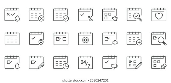 Calendário de Linha Fina e Conjunto de Ícones de Tarefa, Símbolos de Calendário Vetorial Editável de Programação, Notificações, Prazos e Personalização de Calendário para o Business Planning.