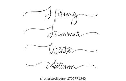 Dünnlinien-Kalligrafie: Frühling, Sommer, Winter, Herbst Set mit eleganter Swash Dekoration