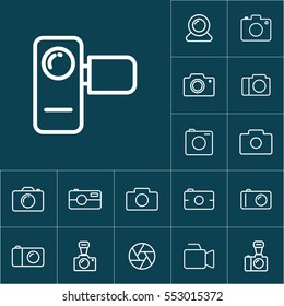 thin line camera icon on blue background