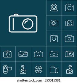 thin line camera icon on blue background