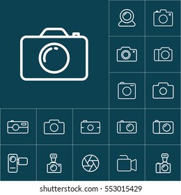 thin line camera icon on blue background