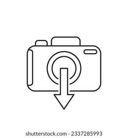 thin line camera like upload your photo. concept of multimedia receive and web image download label. linear style trend modern simple logotype graphic art design isolated on white background