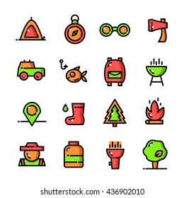 Thin line Camping icons set, Tourist and Fishing outline logos vector illustration
