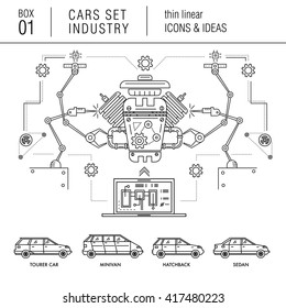 Industria de automóviles en línea delgada en estilo moderno con varios modelos de automóviles, composiciones futuristas realmente buenas, autoservicio, desarrollo de automóviles en el sector de viajes, deporte y producción, con elementos mecánicos