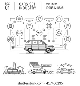 Thin line car industry in modern style with various car model, real good futurist compositions, auto service, car development in travel, sport and production sector, with mechanical elements