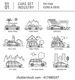 Thin line car industry in modern style with various car model, real good futurist compositions, auto service, car development in travel, sport and production sector, with mechanical elements