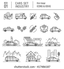 Thin line car industry in modern style with various car model, real good futurist compositions, auto service, car development in travel, sport and production sector, with mechanical elements