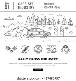 Thin line car industry in modern style with various car model, real good futurist compositions, auto service, car development in travel, sport and production sector, with mechanical elements