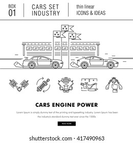 Thin line car industry in modern style with various car model, real good futurist compositions, auto service, car development in travel, sport and production sector, with mechanical elements