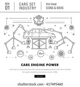 Thin line car industry in modern style with various car model, real good futurist compositions, auto service, car development in travel, sport and production sector, with mechanical elements