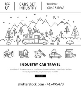 Thin line car industry in modern style with various car model, real good futurist compositions, auto service, car development in travel, sport and production sector, with mechanical elements
