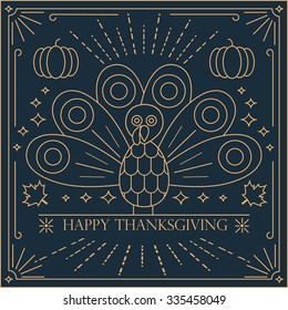 Thin line card with turkey bird for Happy Thanksgiving celebration, can be use as graphic design element, flyer, poster or banner.