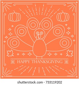 Thin line card with turkey bird for Happy Thanksgiving celebration over orange background, can be use as graphic design element, flyer, poster or banner.