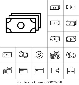 thin line cash, dollar icon on white background, money icons set