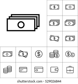 thin line cash, dollar icon on white background, money icons set