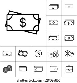 thin line cash, dollar icon on white background, money icons set