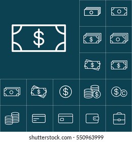 thin line cash, dollar icon on blue background, money icons set