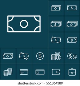 thin line cash, dollar icon on blue background, money icons set