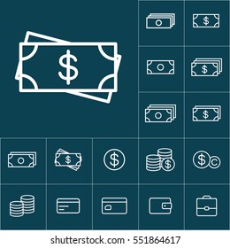 thin line cash, dollar icon on blue background, money icons set