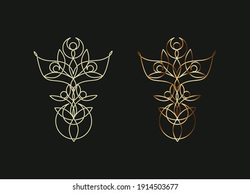 Elementos de estilo elfo celta de línea delgada para el logotipo. Nudos, lunas, hojas, elementos de bucle abstracto - conceptos cosméticos esotéricos y orgánicos para la marca. Color mono y dorado. Ilustración del vector