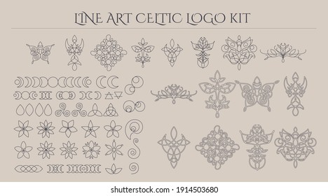 Thin line celtic elven style logo kit. Collection of triquetra knot, spiral, floral and moons icons, abstract loop elements - esoteric and organic cosmetics concepts for branding. Vector illustration