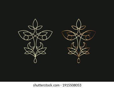 Thin line Celtic elven style elements for logo. Knots, leaves, abstract loop elements - esoteric and organic cosmetics concepts for branding. Mono and golden color. Vector illustration