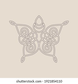 Thin line celtic elven style symbol. Butterfly and moon linear abstract outline logo icon -  esoteric and organic cosmetics concepts for logotype and branding. Loop elements. Vector illustration