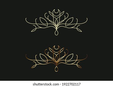 Thin line celtic elven style elements for logo. Knots, moons, leaves, abstract loop elements - esoteric and organic cosmetics concepts for branding. Mono and golden color. Vector illustration