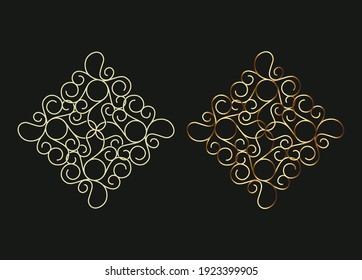 Thin line celtic elven style elements for logo. Knots, moons, leaves, abstract loop elements - esoteric and organic cosmetics concepts for branding. Mono and golden color. Vector illustration